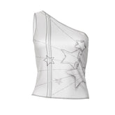 One shoulder stitch star print contrast top