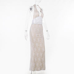 Halter v neck lace backless maxi dress