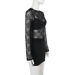 Crewneck long sleeve lace mini skirt set