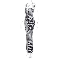 Contrast print cross front backless low cut maxi dress | black rave dress | black rave dress