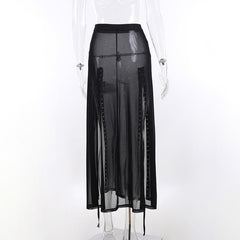 Sheer mesh see through lace up slit solid maxi dress | samba dress