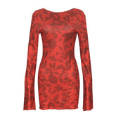 Long sleeve leopard print self tie backless mini dress