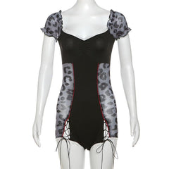 Short puff sleeve leopard print lace hem romper