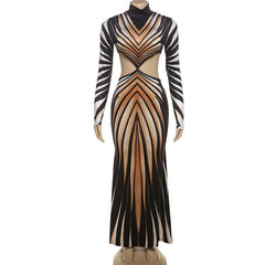 High neck long sleeve hollow out print contrast maxi dress