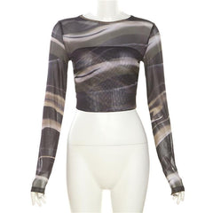 Sheer mesh contrast print long sleeve see through backless crop top