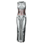 Sleeveless crewneck body print sheer mesh maxi dress | samba dress