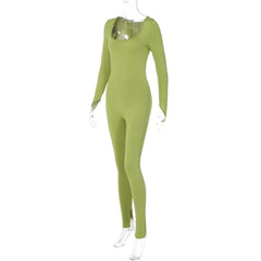 Long sleeve solid u neck slit jumpsuit