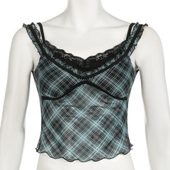 Plaid lace hem patchwork stitch mesh ruffle cami top