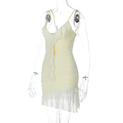V neck ruffle hollow out ruched mesh cami mini dress