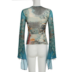 Crewneck long sleeve abstract mesh ruffle top