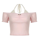 Short puff sleeve off shoulder halter ribbed top