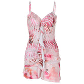 V neck ruffle ruched print backless cami mini dress