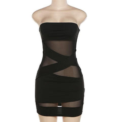 Cross front solid mesh backless patchwork tube mini dress | black rave dress | black rave dress