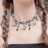 Cross pendant green butterfly decor choker necklace