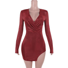 V neck long sleeve ruched slit glitter mini dress | red tango dress