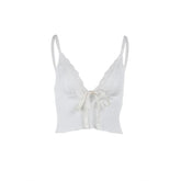 V neck lace hem backless bowknot ribbon crop cami top