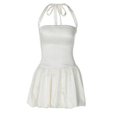 Halter ruched knotted solid mini dress