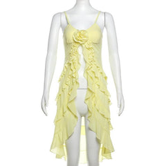 Rose applique ruffle u neck mesh cami top