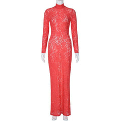 Long sleeve high neck see through lace maxi dress | red tango dress