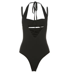 Halter v neck hollow out 2 piece cami bodysuit