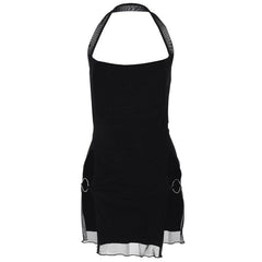 Halter o ring high slit ruffle mesh mini dress