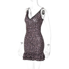 V neck leopard print lace hem ruffle cami mini dress