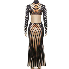 High neck long sleeve hollow out print contrast maxi dress