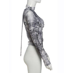 Cowl neck long sleeve mesh abstract print top