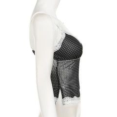 V neck polka dot print lace hem bowknot top