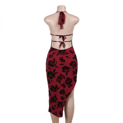 Halter v neck slit backless mesh self tie midi dress | red tango dress