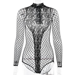 Crewneck long sleeve fishnet see through romper