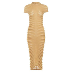 Knitted solid short sleeve crewneck see through maxi dress | red tango dress