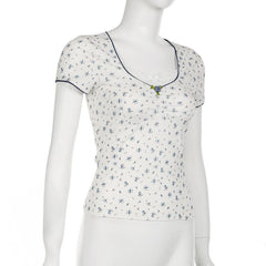 Short sleeve patchwork flower applique print top