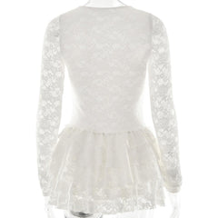 Long sleeve lace hollow out ruffle mini dress