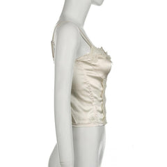 Satin lace hem stitch bustier bowknot solid cami top