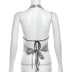 Halter metallic glitter cowl neck ruched 2 piece top