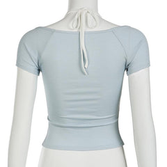 Halter short sleeve bowknot lace hem top
