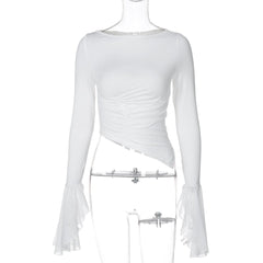 Long flared sleeve crewneck irregular solid top