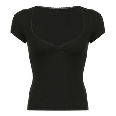 Short sleeve v neck lace hem solid top