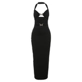 Halter butterfly metal tag hollow out maxi dress