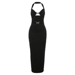 Halter butterfly metal tag hollow out maxi dress