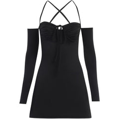 Lace up solid cross back off shoulder long sleeve mini dress | black rave dress | black rave dress