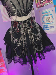 Lace hem skull applique metal chain mini skirt