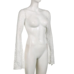 Flared sleeve lace hollow out solid shrug cut out top