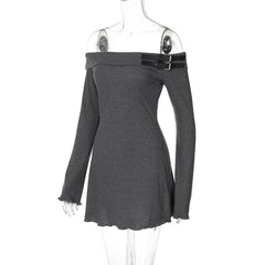 Off shoulder long sleeve buckle mini dress