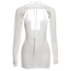 Fishnet hollow out solid long sleeve backless shrug mini dress