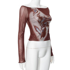 Long sleeve ruffle sheer mesh print top