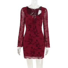 Long sleeve flower pattern mesh self tie mini dress | red tango dress