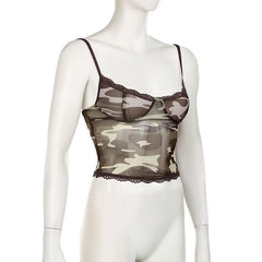 V neck mesh lace hem camouflage cami top