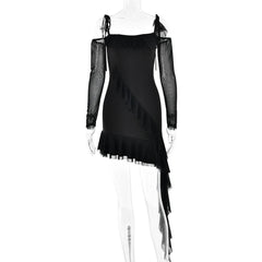 Ruffle self tie irregular off shoulder mesh long sleeve mini dress